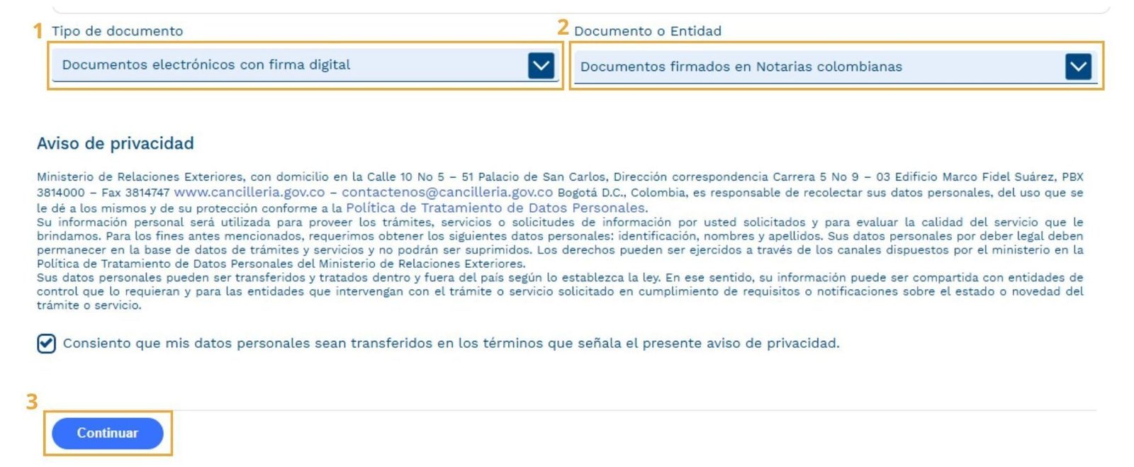 Pasos para generar una apostilla directamente desde la página de la cancillería.